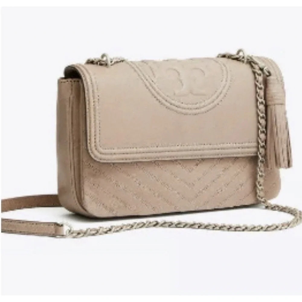 Tory Burch Fleming Distressed Flap, Tassel Shoulder Crossbody Bag Taupe 458$